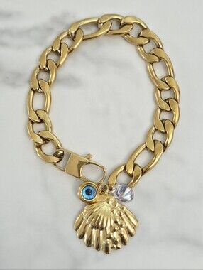 Gold Scallop Shell Evil Eye Chunky Curb Link Bracelet Summer Style